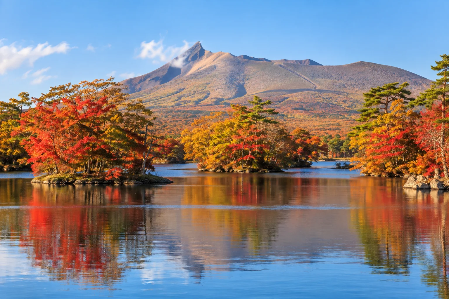 大沼國定公園秋色湖泊與駒岳