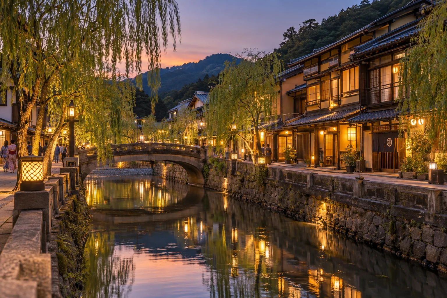 城崎溫泉柳樹河岸黃昏