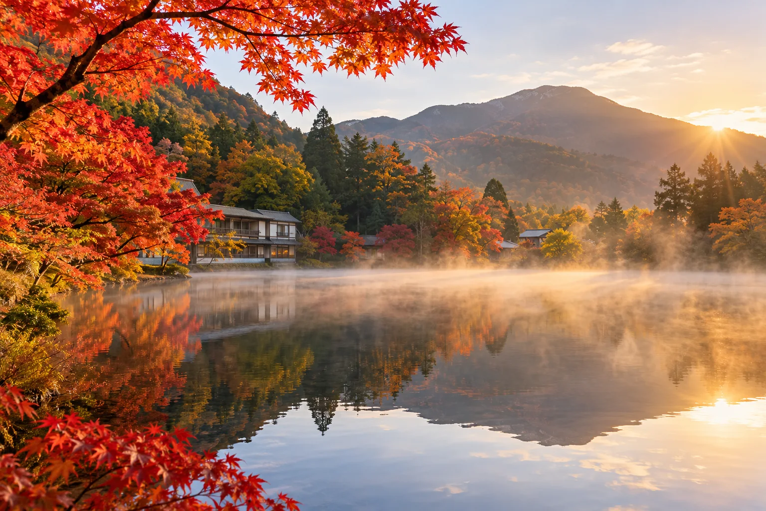 由布院金鱗湖秋晨紅葉
